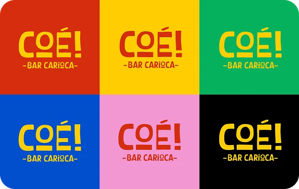 Seis variações cromáticas do logotipo Coé Bar