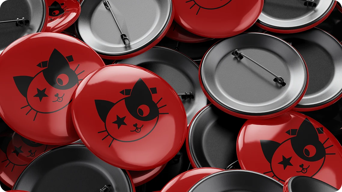 Bottons vermelhos e pretos ilustrados da Thamores