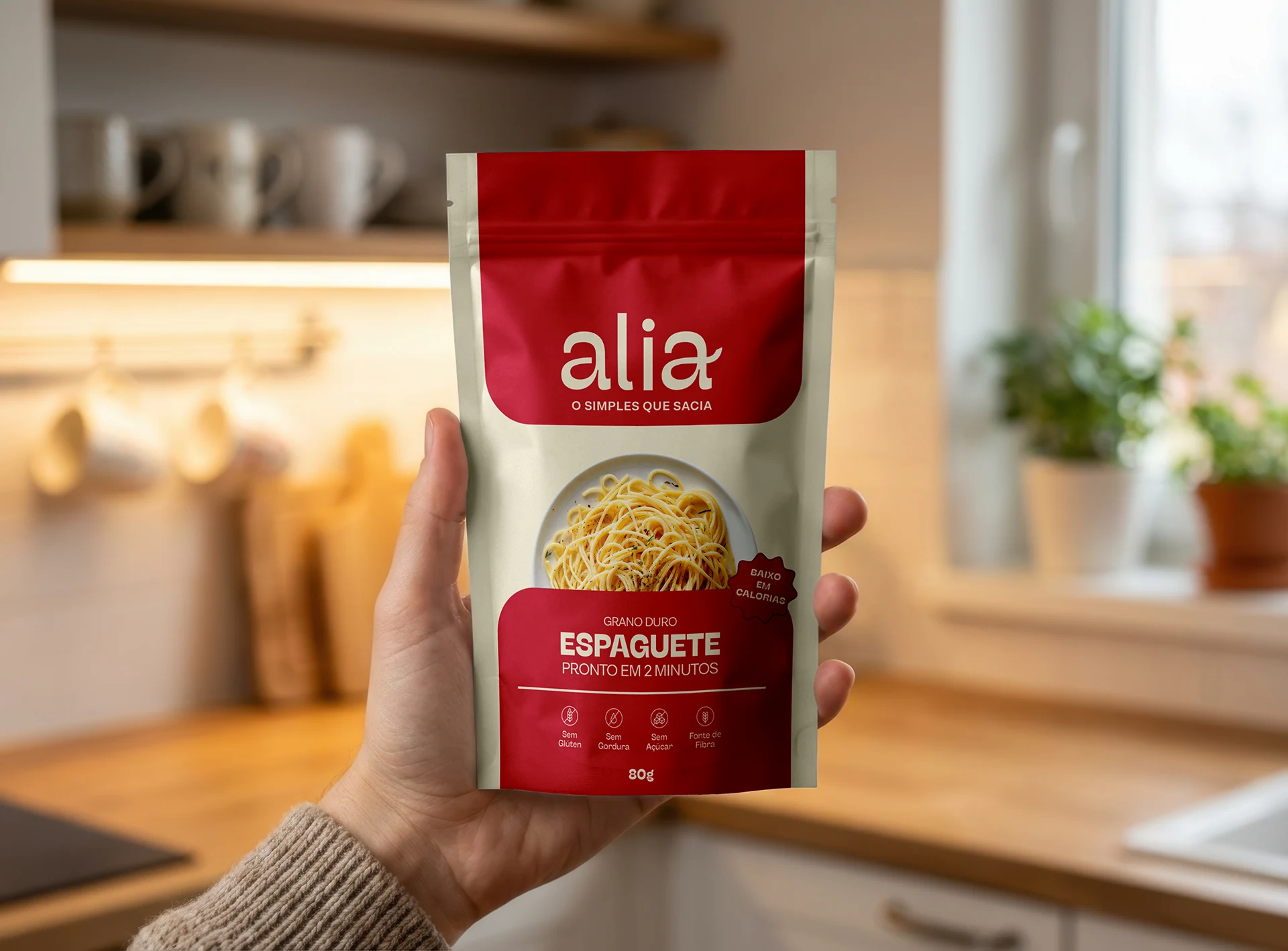 Embalagem Alia apresentada em uma cozinha