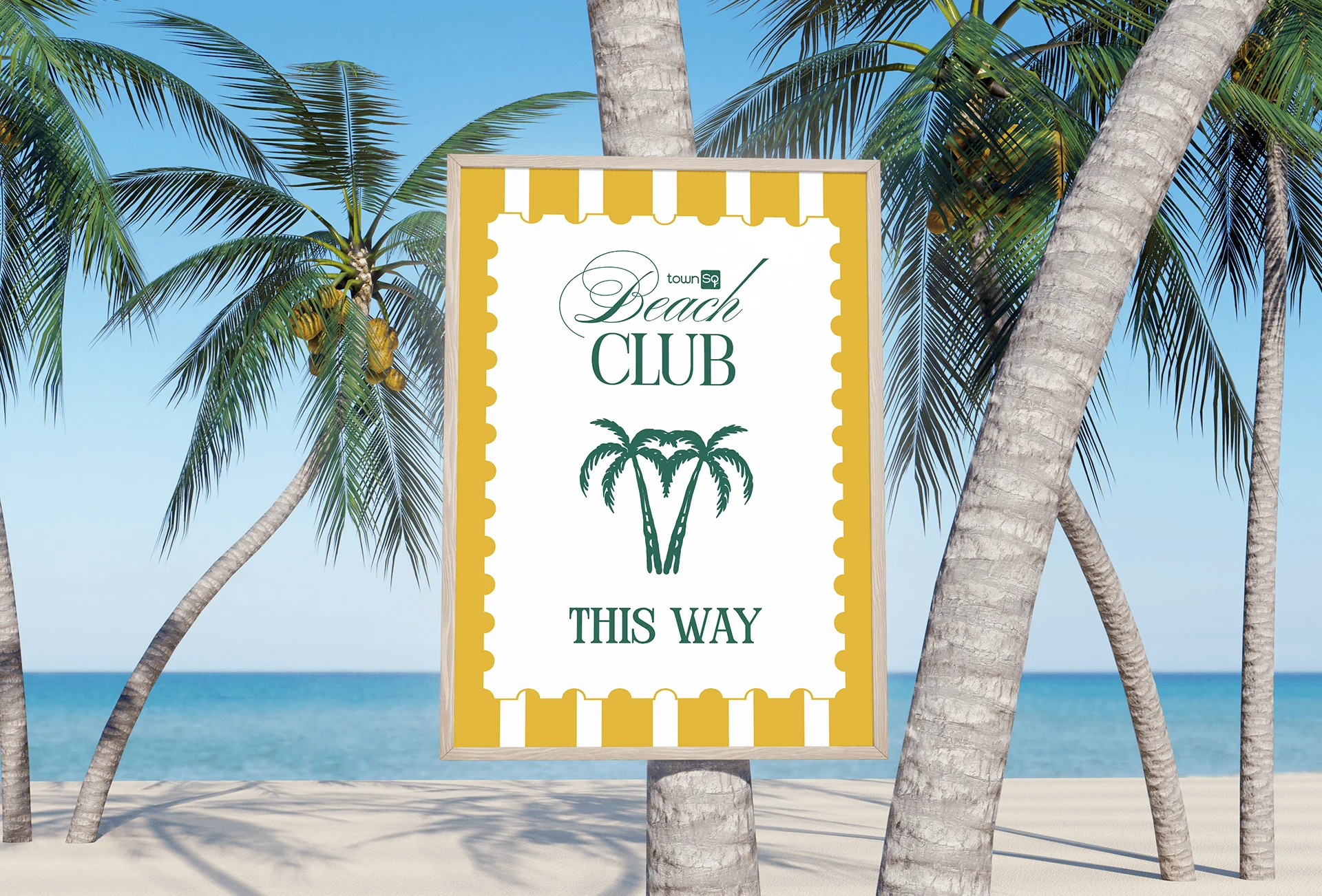 Placa do Beach Club aplicada entre palmeiras