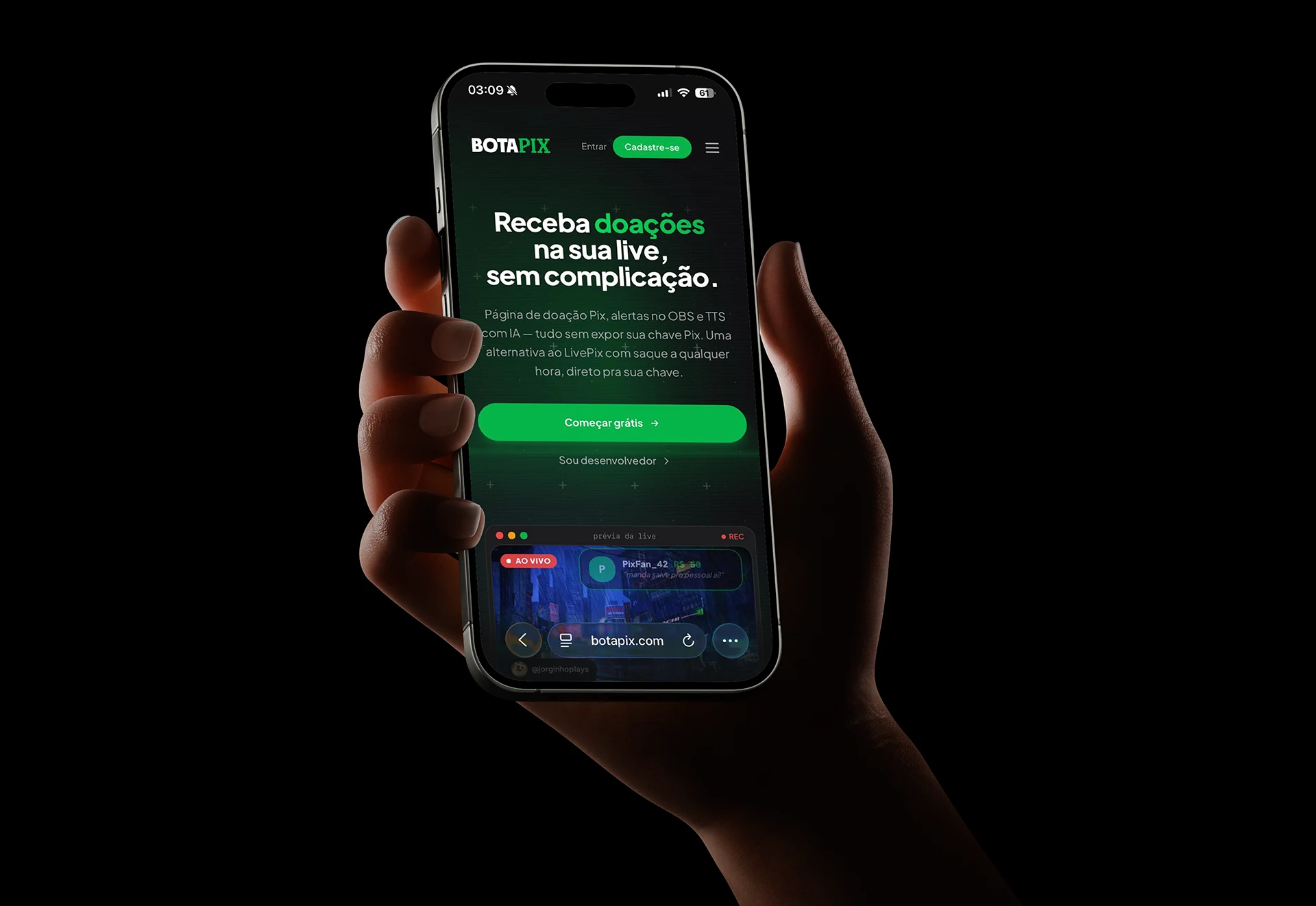 Aplicativo BotaPix exibido em um celular
